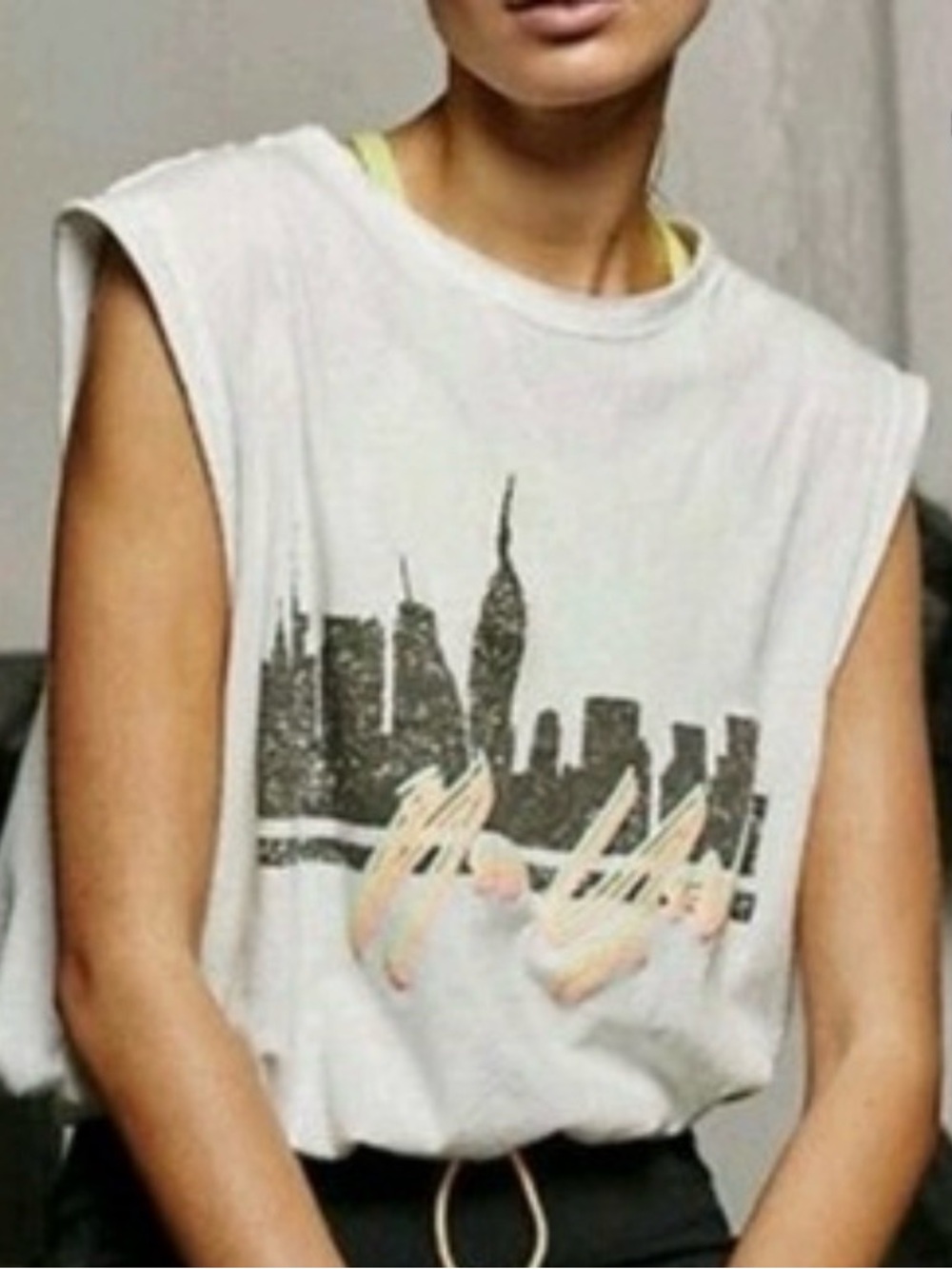 Free People White Graphic Muscle Tee with City Skyline